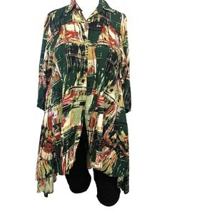 Belma Button Front Abstract Long Tunic Top One Size Plus Hi Low Pockets Flowy